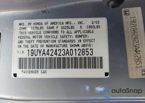 2003 Acura Cl 3.2 from USA, damaged, VIN 19UYA42423A012853